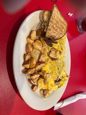 Elvis omelette with rye toast & chuck potatoes!!!