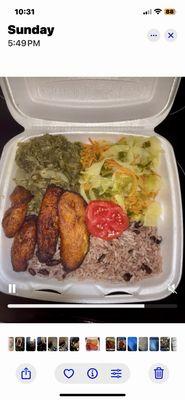 rice and peas, cabbage, callaloo, rplantain, and tomatoes.