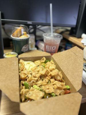 Chicken Philly salad, pretzels with pumpkin sauce and tractor juice. Perfect lunch.