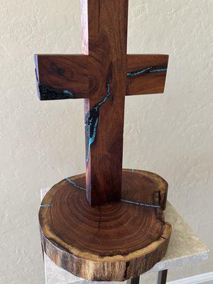 Mesquite cross with turquoise inlay