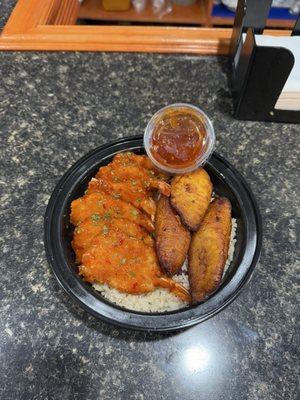 Yardie Bowl Coconut Shrimp in chilli sauce with Rice and Peas Fries Plantains