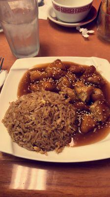 Sesame chicken and fried rice.