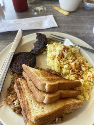 Breakfast sausage, toast, eggs and hash browns.