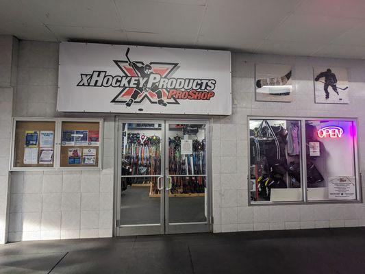 Front of pro shop inside the rink