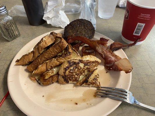 French toast, bacon plate with side of sausage. Yummy