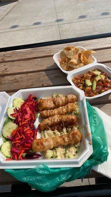 Fried Mahi-Mahi Fingers with Cilantro-Lime Rice and Salad and Tropical Ceviche