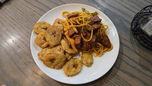 Dominican Spaghetti with Dominican Salami & Tostones