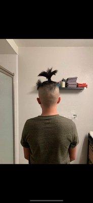 Horrible haircut. He wanted a basic slick back with FADE. She shaved him bald on the sides and not even. So uneven!