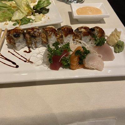 Jungle roll And sashimi assortment.