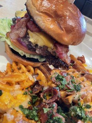 Classic Bacon Cheeseburger and loaded waffle fries