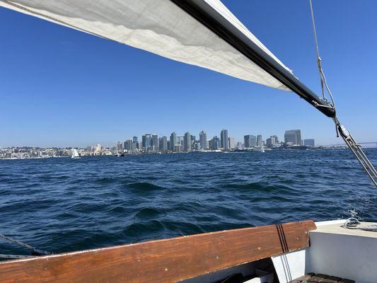 View from the tiller as we sail past San Diego.