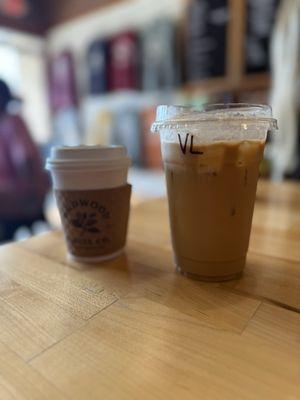 Iced vanilla latte and espresso shot.