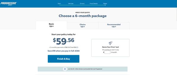 A screenshot from Progressive's auto insurance quote tool, showing a premium of $344 for 6 months if paid upfront.