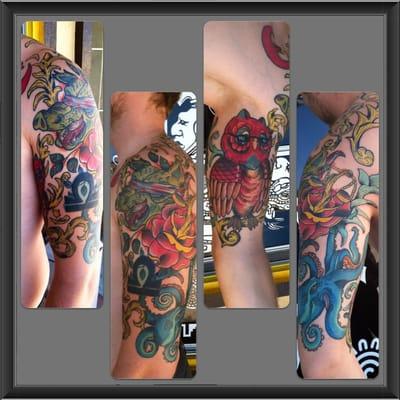 Neo-Traditional half sleeve, original drawings and tattoo done by Lalo
