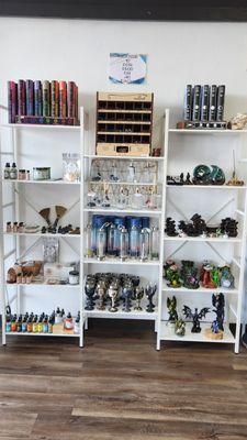 Wide variety of stick incense, cone incense and burners. Glass, intention drinking bottles and goblets