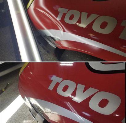 Paintless Dent Repair on a race car.