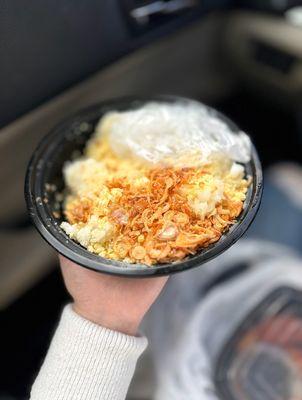 xôi bắp (sticky rice with hominy & mung bean) - shredded coconut, coconut milk & peanut sesame salt were prepackaged separately.