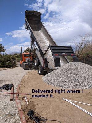 Large gravel delivery for landscaping project.