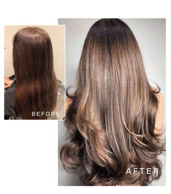 Before and After hair cut and color: Brunette Balayage Hair Color highlight technique and long layer hair cut