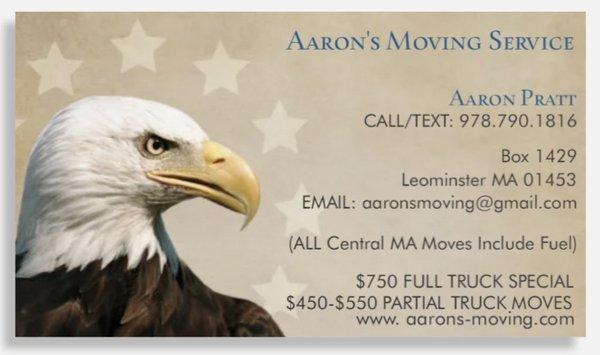 Aaron's Moving Business Card with Pricing