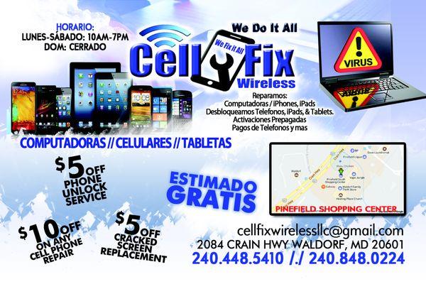 Cuando traigas tu telefono a reparar ensena este foto para recibir tu coupon especial