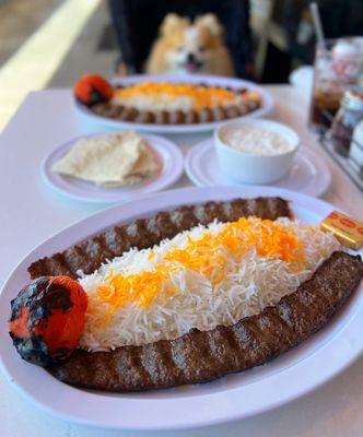 Double Koobideh Plate: Ground Beef Kebab w/ rice ($17) & Mastomoosir: Yogurt w/ shallot Dip ($5)
