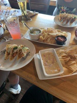 White Queso Dip & Chips Spinach & Artichoke Dip Chicken Wonton Tacos