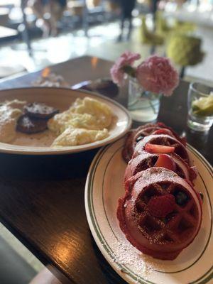 Red Velvet Waffles, side of Two Eggs, grits and chicken patties.