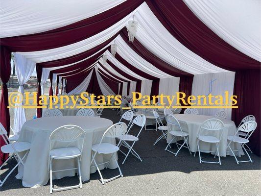 Draping tent decor with chandeliers (white/burgundy)