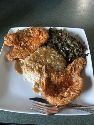 Pork Chop Dinner with collards, rice and gravy. .