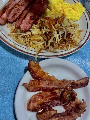 Eggs, hash browns, bacon