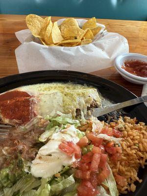 Forgot name but had very tender beef tips inside. Fresh salsa. Yum!