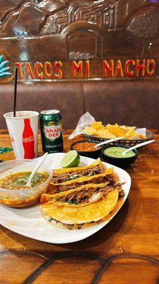 The meal! Birria Tacos and chips!