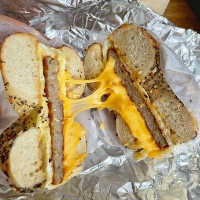 2 Eggs Sandwich Sausage Egg and Cheese on an Everything Bagel