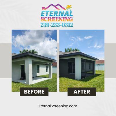 Lanai enclosure installed in Cape Coral, Florida. Call us today for all your screen repair and screen installs.