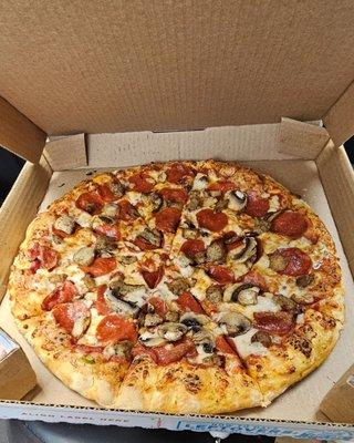 Great pizza! Pepperoni, sausage & mushrooms