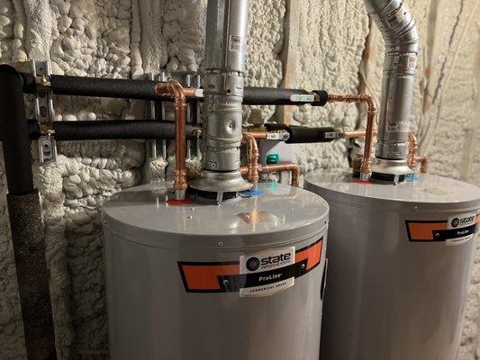 Two 50 Gallon Water Heaters in Parallel with Bypass, Automatic Emergency Shut off Valve (Floodstop) with Battery Backup in Attic Space