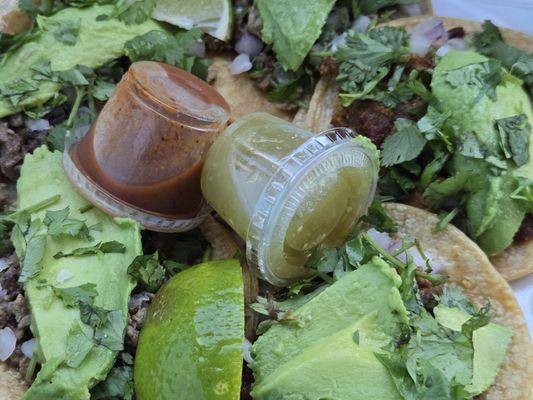 5 Mini Street Taco, 3 asada, 2 pastor with avocado