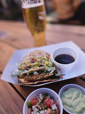 Pulled pork,  shredded beef, Mississippi Pot Roast tacos. Crispy and tasty. Pico de gallo and avocado lime sauce.