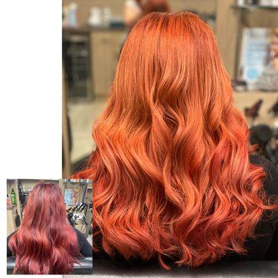 From red to copper, one more session to go and she'll be all even copper. Doing her hair in steps to maintain the integrity of her hair.