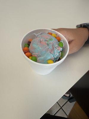 Cotton candy with skittles topper