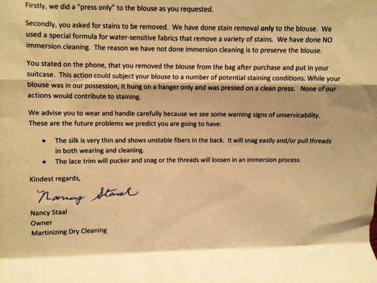 The note attached to my now spot-covered, thread- pulled $400 silk shirt. So disappointed.