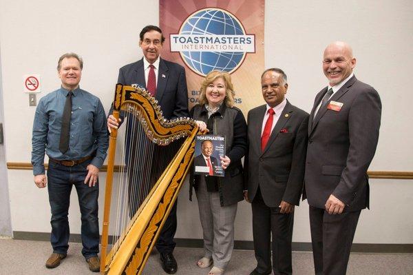 01-21-2020: Biz Masters Toastmasters (l-r) Oleg Prokopiev, Cary Gray, Elisabet Romero-Prokopiev, TI President Deepak Menon, David Lohman).