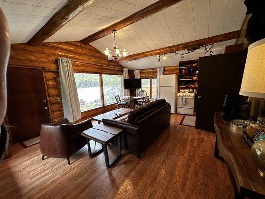 Living room has beautiful views of the Kenai River.