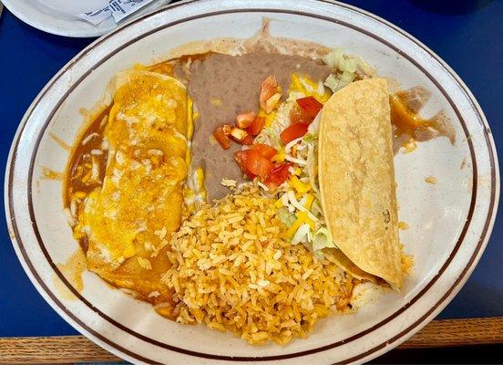 Cheese enchilada, taco, rice and beans