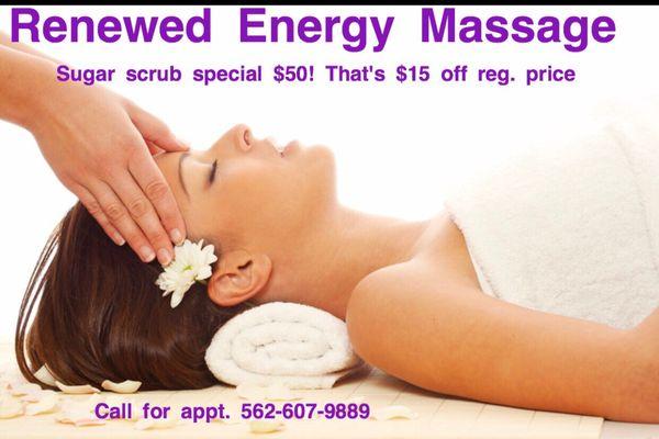 Massage therapy. For the whole month of October the special of a full body sugar scrub is available. Call for appt w/ Marta 562.607.9889