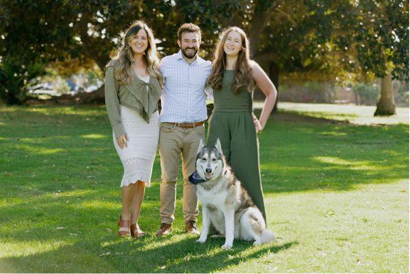 Our amazing team: Maddie, Matt, Laura, and everyone's favorite: Monty the Therapy Wolf