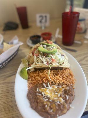Beer battered fried fish tacos with rice and beans