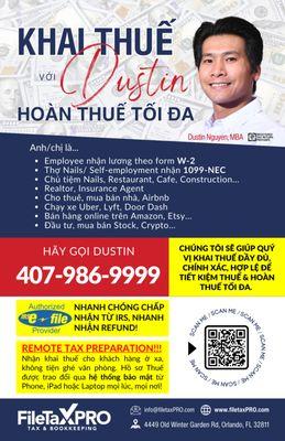 Dustin Khai Thuế Orlando, giúp quý vị tiết kiệm thuế và hoàn thuế tối đa!
Gọi Dustin 4079869999