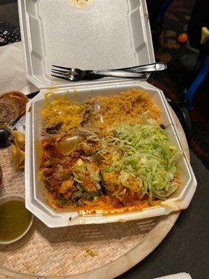 1 chicken, 1shredded beef enchilada with rice and beans